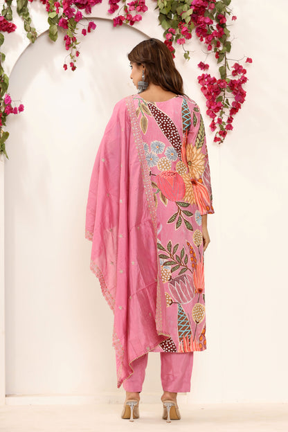 Pink Printed Stitched Suit Set