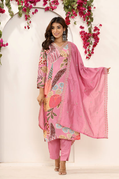 Pink Printed Stitched Suit Set