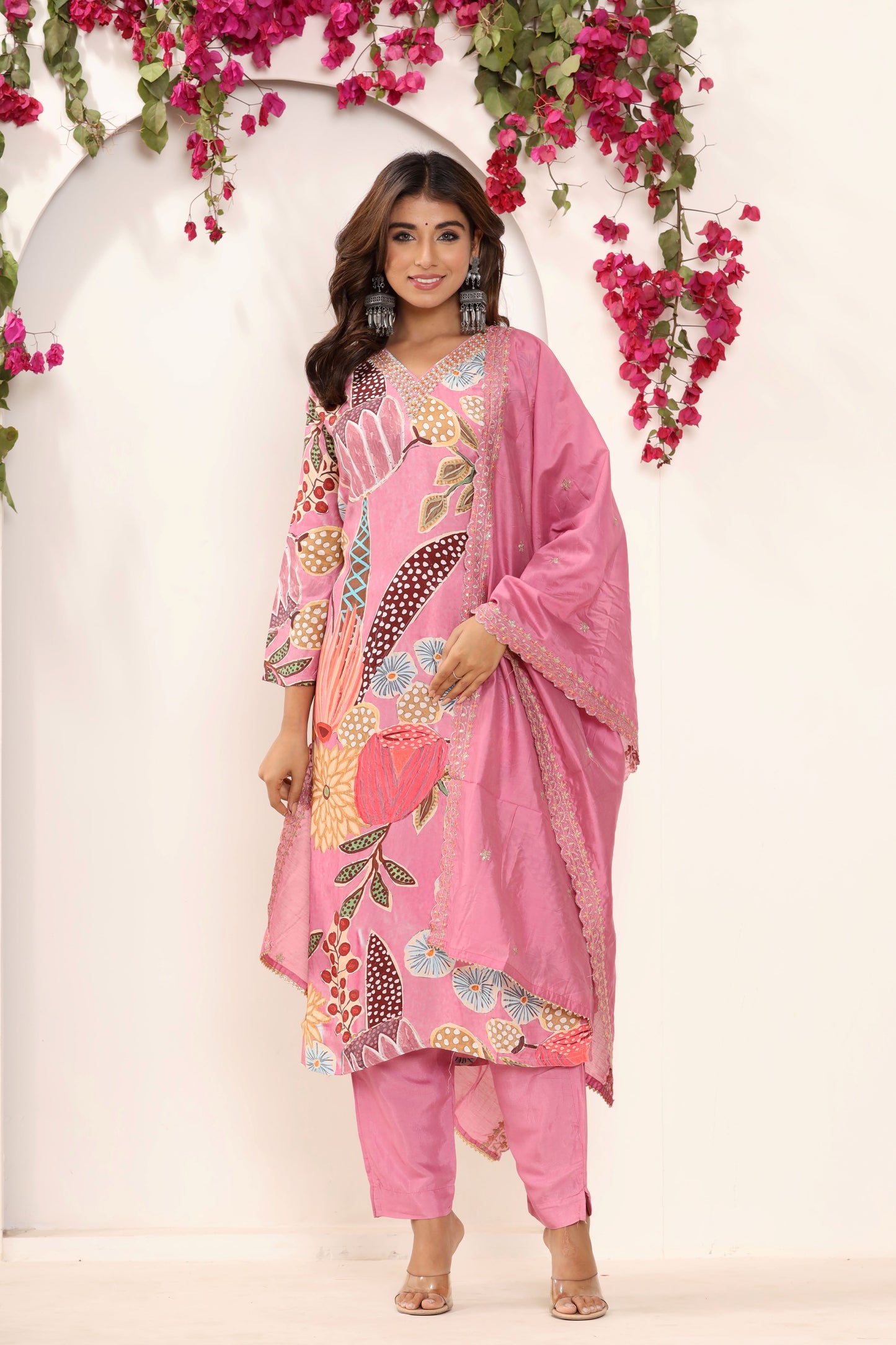 Pink Printed Stitched Suit Set