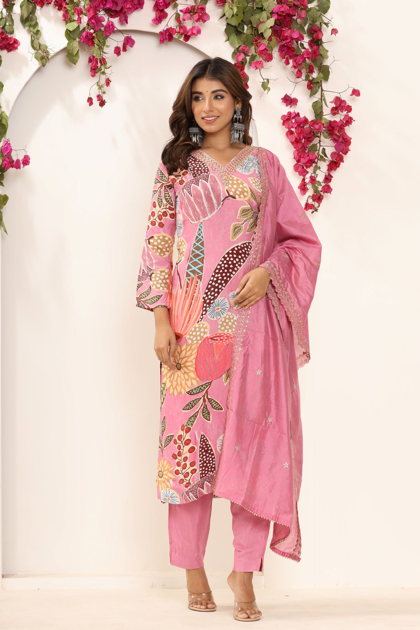 Pink Printed Stitched Suit Set