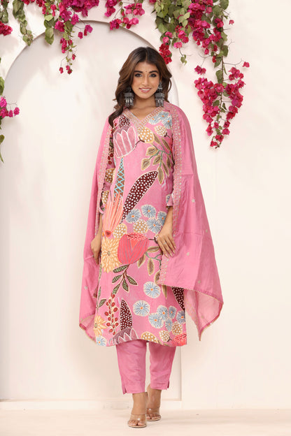 Pink Printed Stitched Suit Set