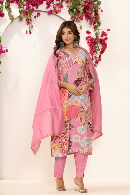 Pink Printed Stitched Suit Set