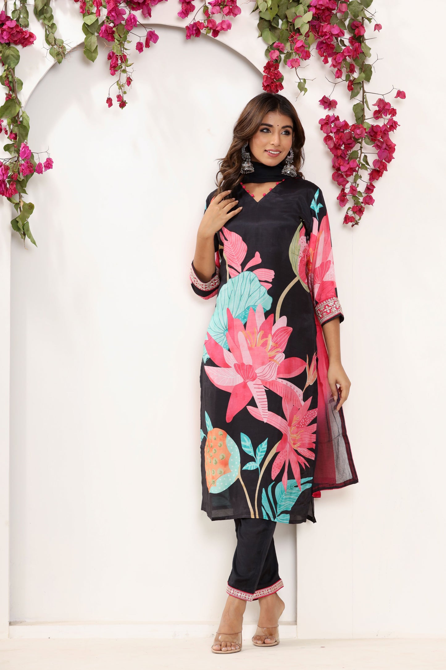 Black Printed Stitched Suit Set