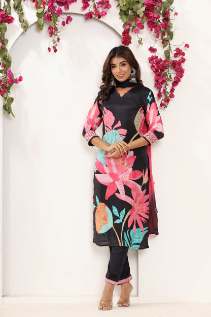 Black Printed Stitched Suit Set