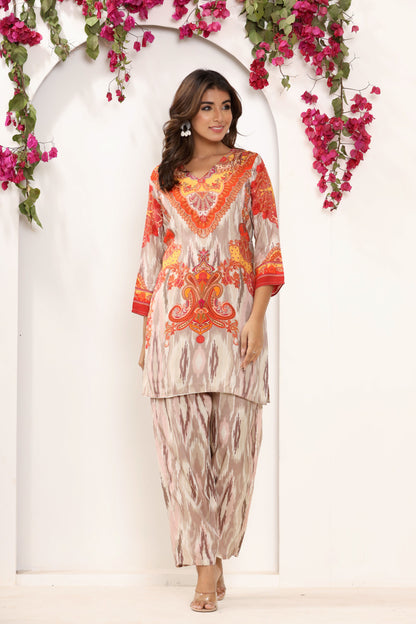 Cream Color Printed Kurti Set