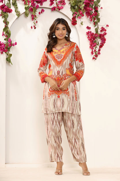 Cream Color Printed Kurti Set