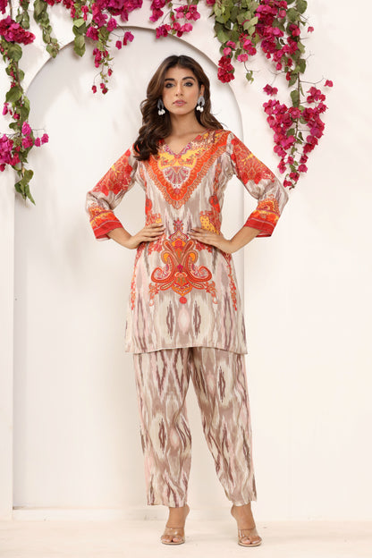 Cream Color Printed Kurti Set