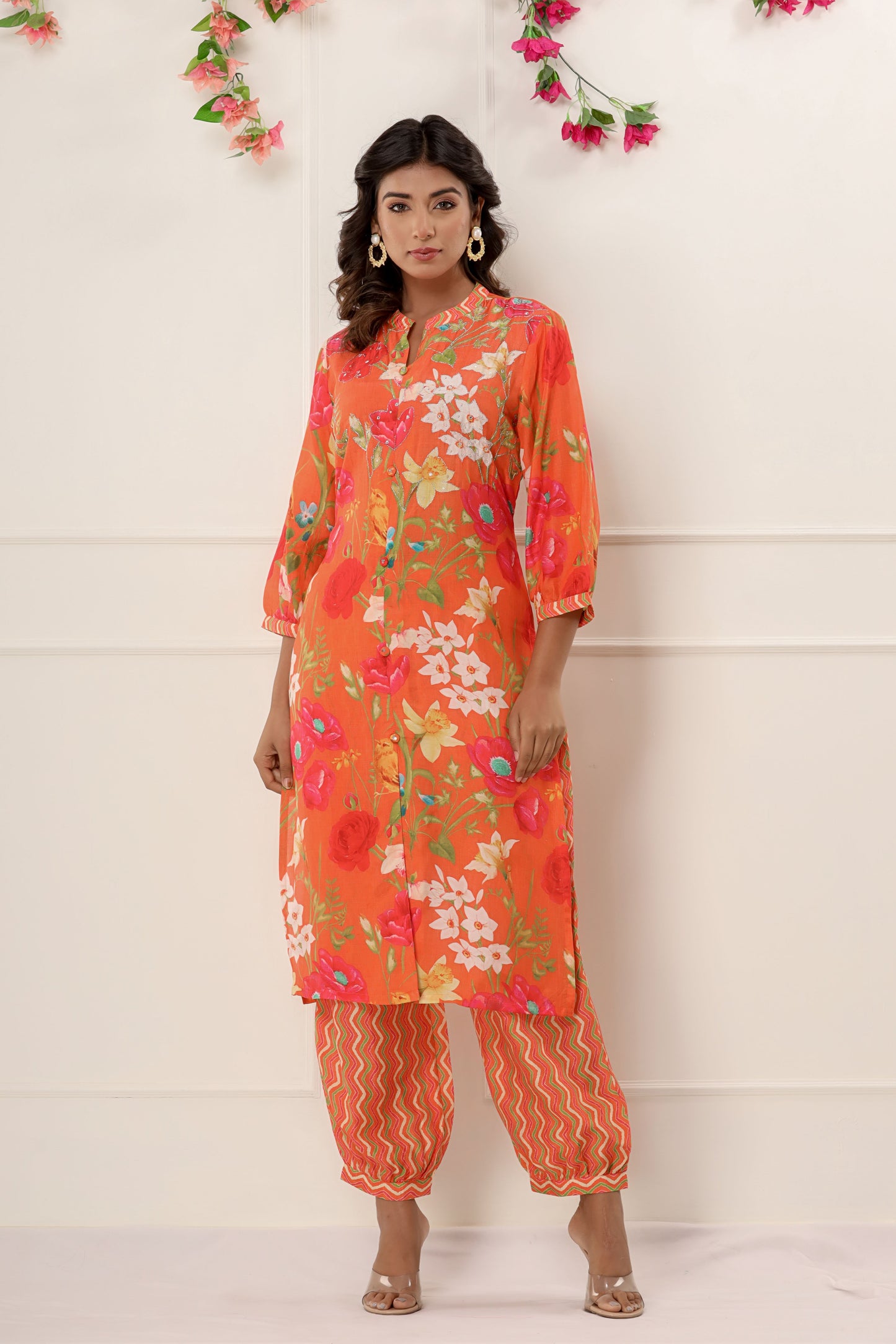 Orange Color Printed Designer Kurti Set