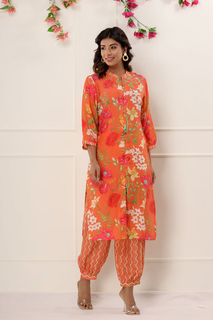 Orange Color Printed Designer Kurti Set