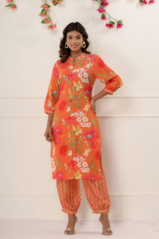 Orange Color Printed Designer Kurti Set