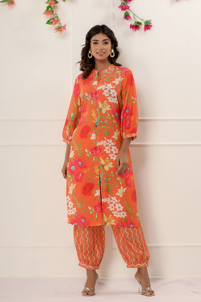 Orange Color Printed Designer Kurti Set