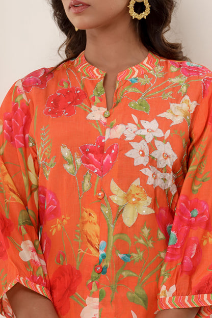 Orange Color Printed Designer Kurti Set