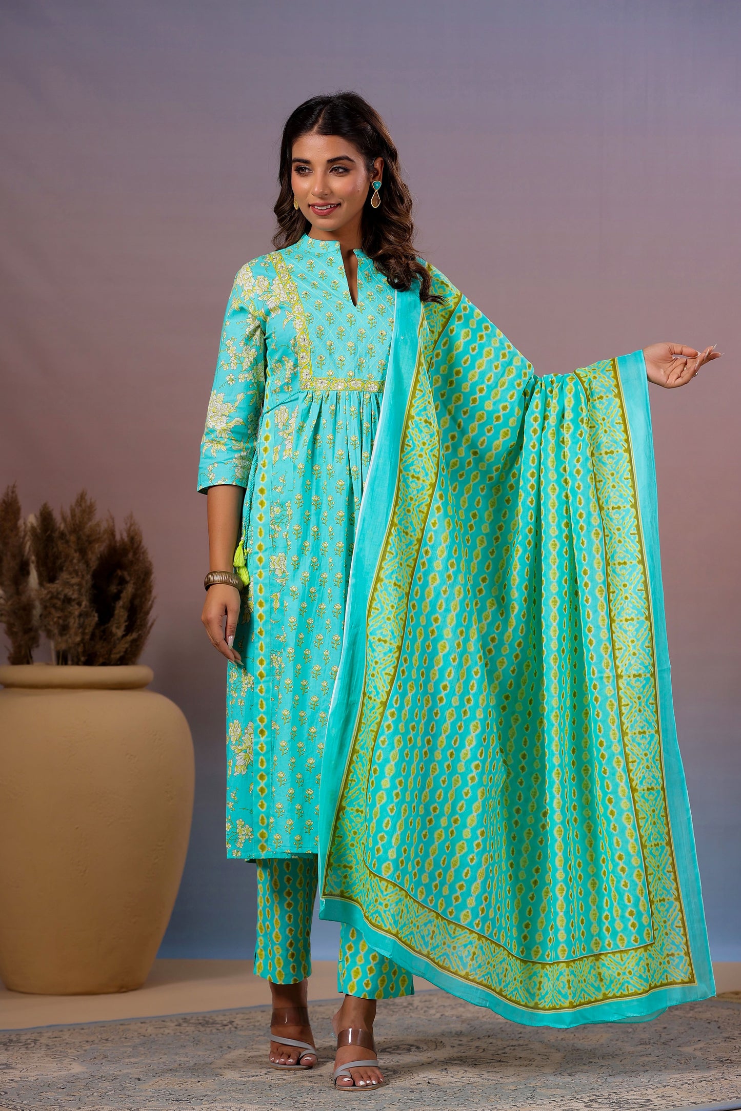 Sea Green Color Stitched Cotton Suit Set