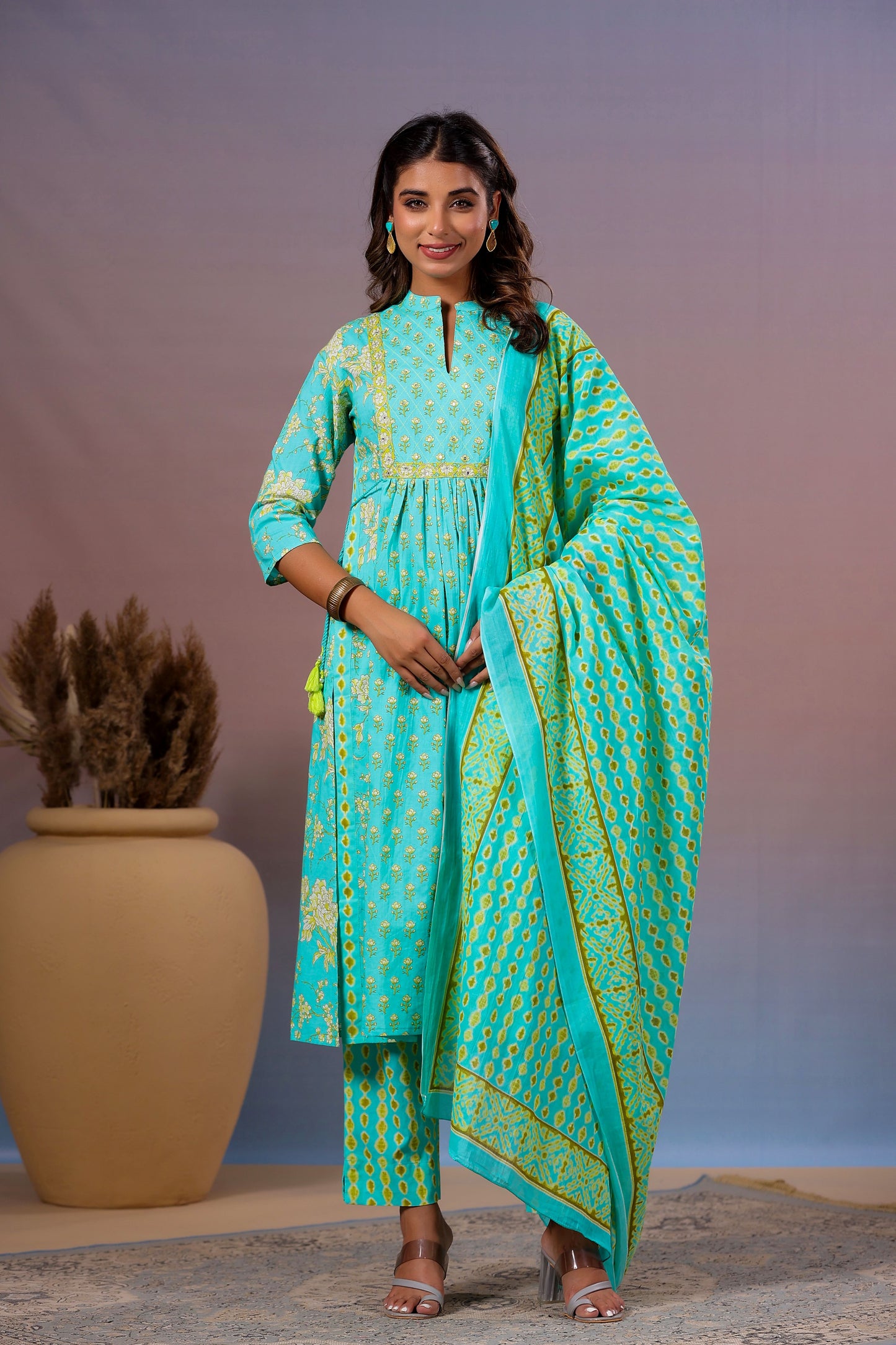 Sea Green Color Stitched Cotton Suit Set