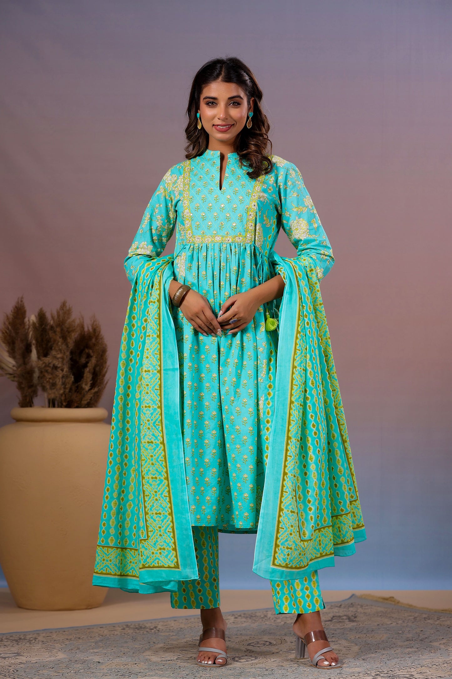 Sea Green Color Stitched Cotton Suit Set