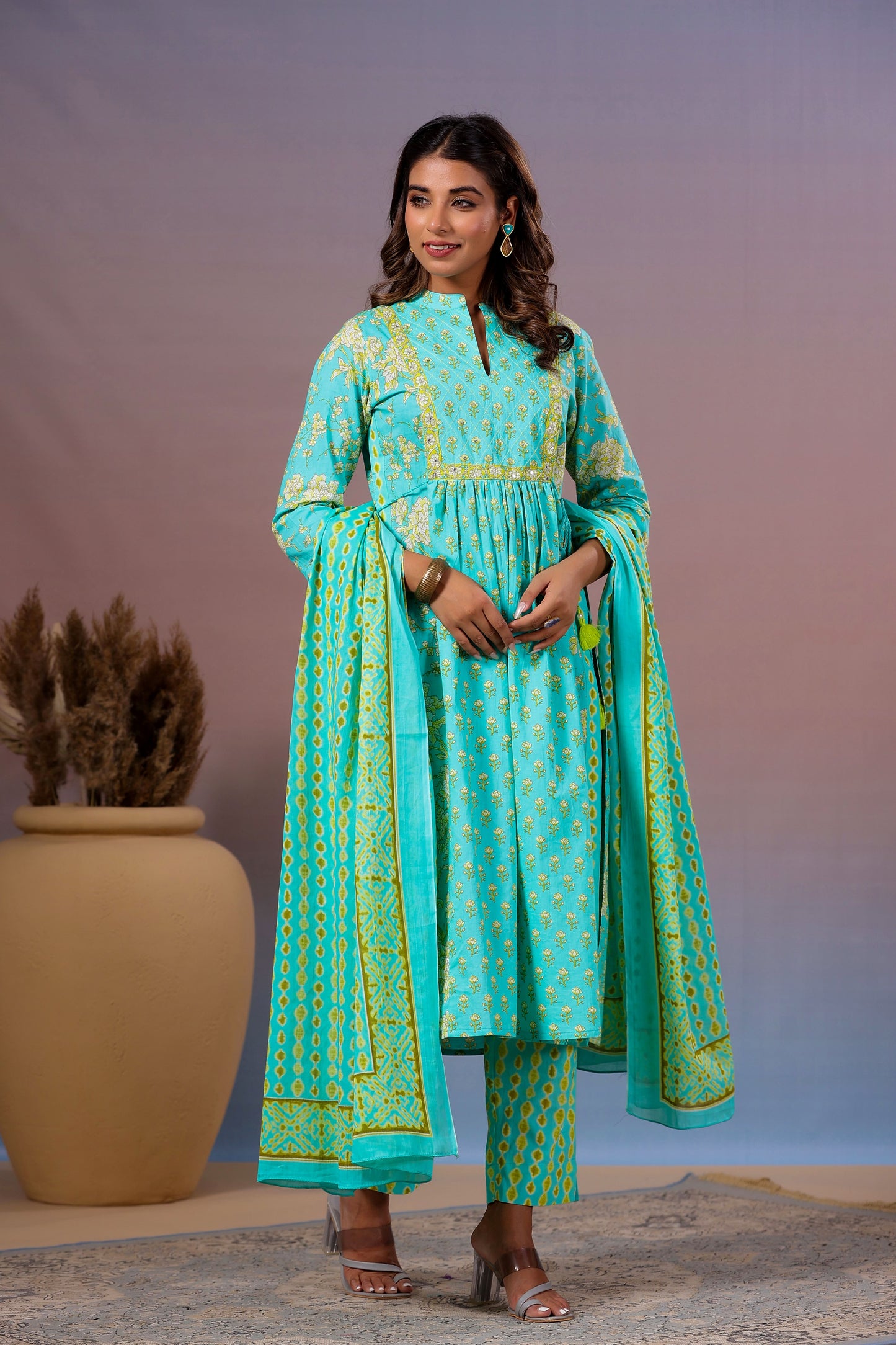 Sea Green Color Stitched Cotton Suit Set