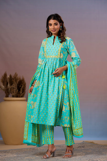 Sea Green Color Stitched Cotton Suit Set