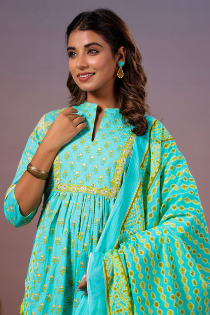 Sea Green Color Stitched Cotton Suit Set