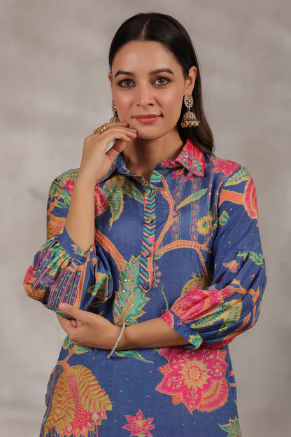 Blue Printed Fancy Kurti Set