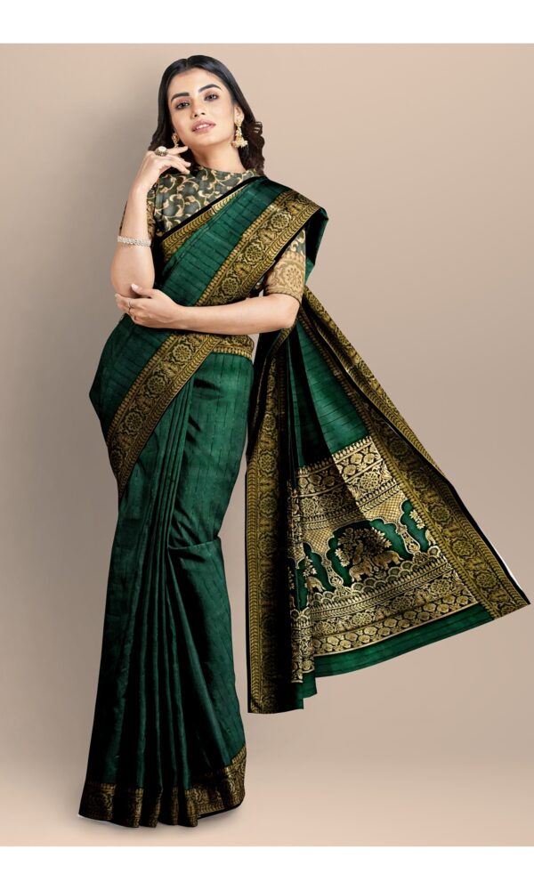 Bottle Green Organza Blend Silk Banarasi Saree