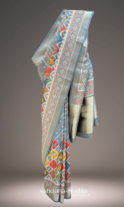 Grey Stripe Ikat Tissue Silk Banarasi Saree