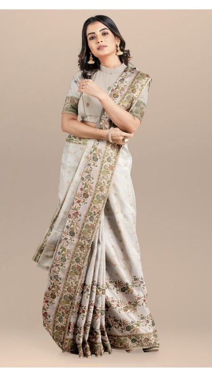 Handwoven Banarasi Meenakari Off-White Silk Saree