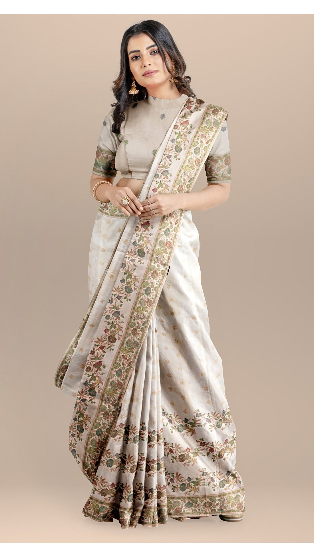 Handwoven Banarasi Meenakari Off-White Silk Saree