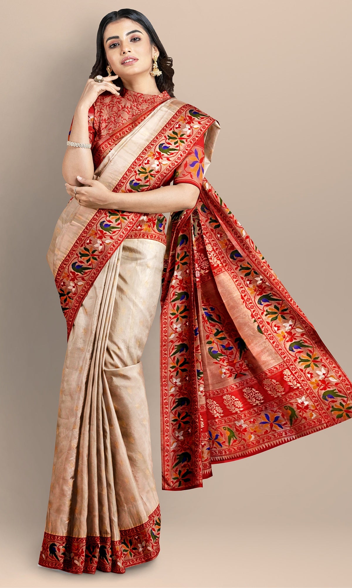 Handwoven Gold Banarasi Paithani Saree