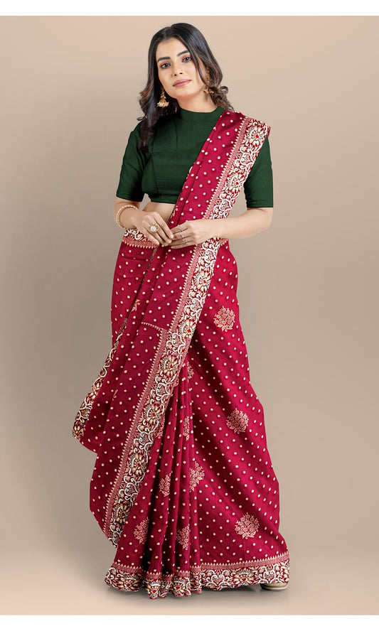 Handwoven Pure Silk Wine Zardozi Saree