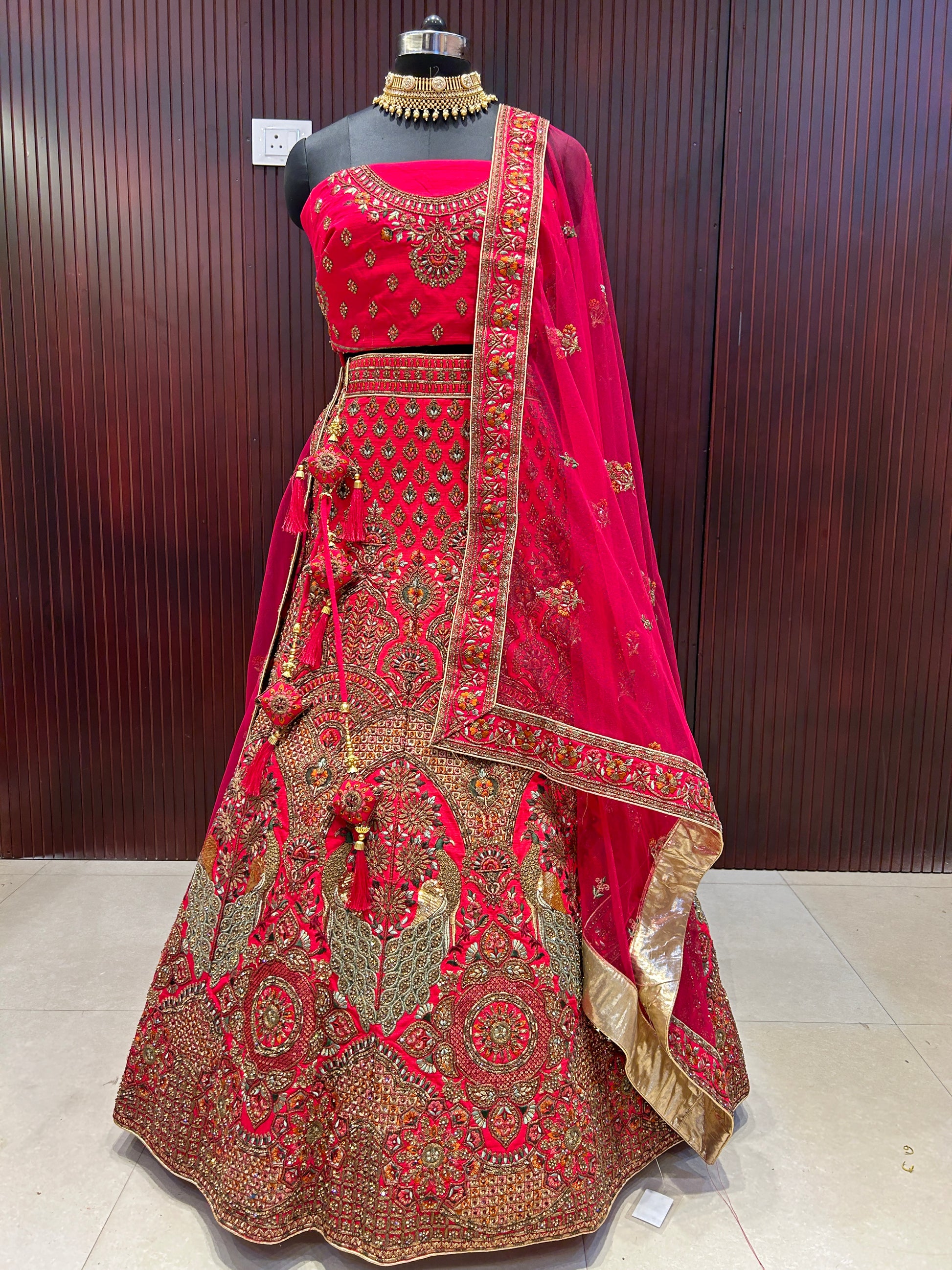 Hot Pink Resham Woven Embellished Bridal Lehenga