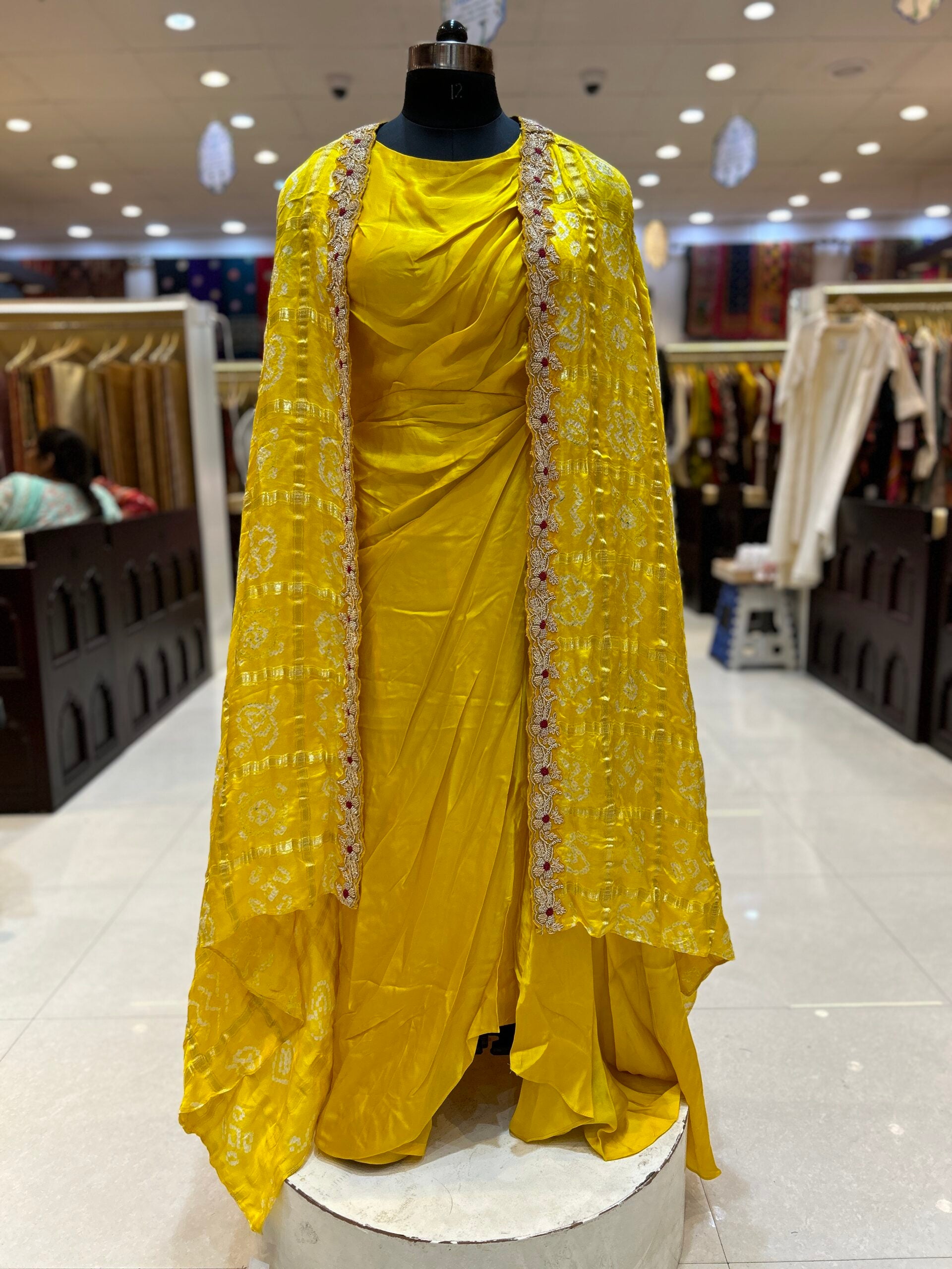 Lemon Yellow Gown Dress with Long Shrug