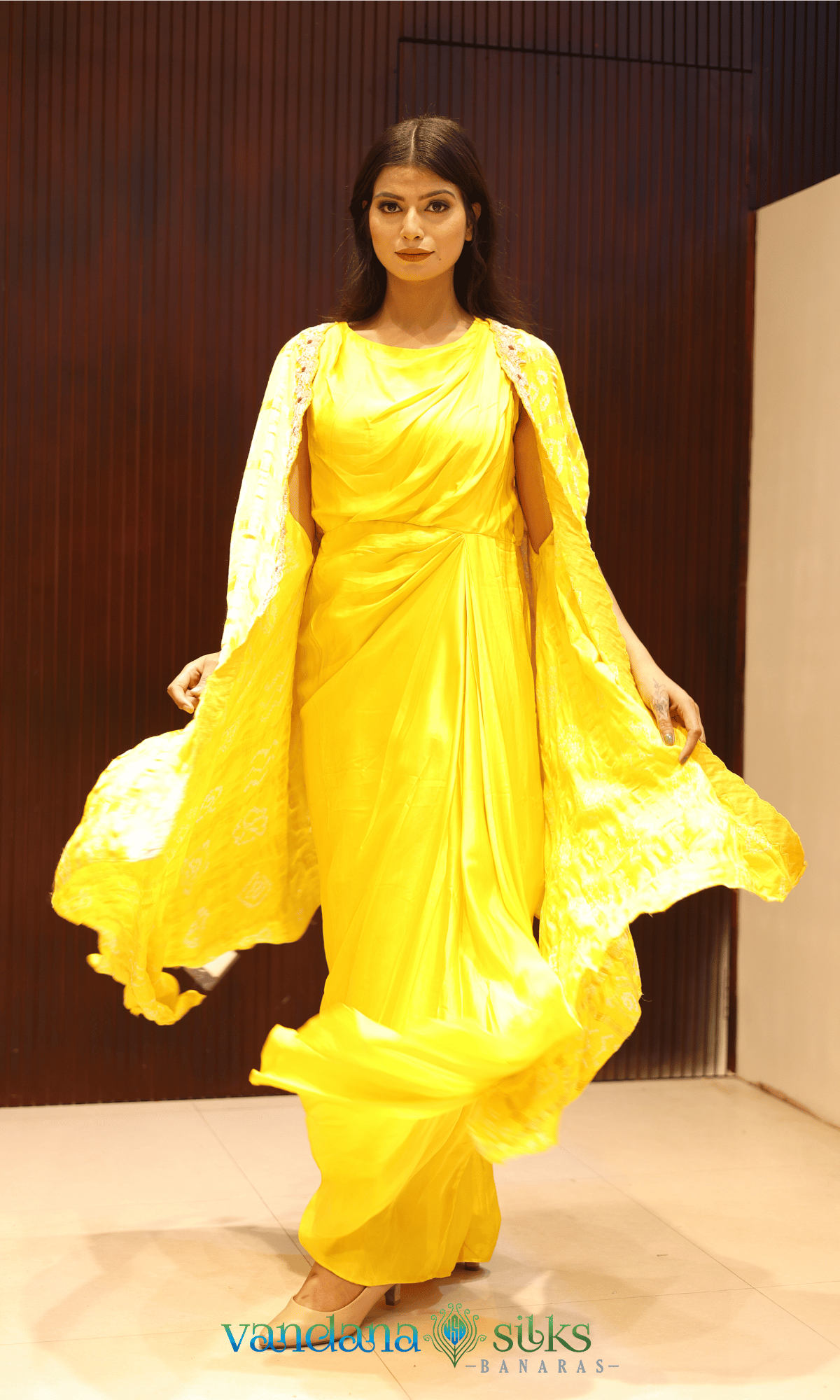 Lemon Yellow Gown Dress with Long Shrug