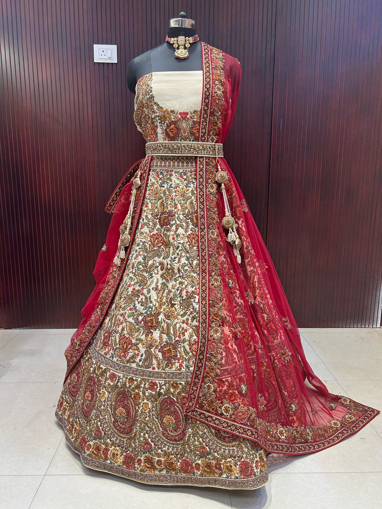 Off White Resham woven Embellished Bridal Lehenga