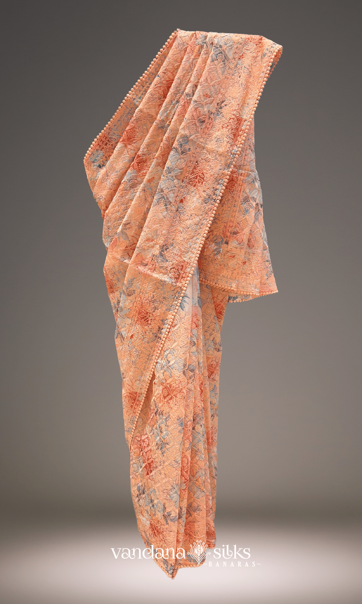 Peach Chikankari Floral Printed Organza Saree