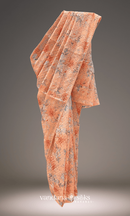 Peach Chikankari Floral Printed Organza Saree