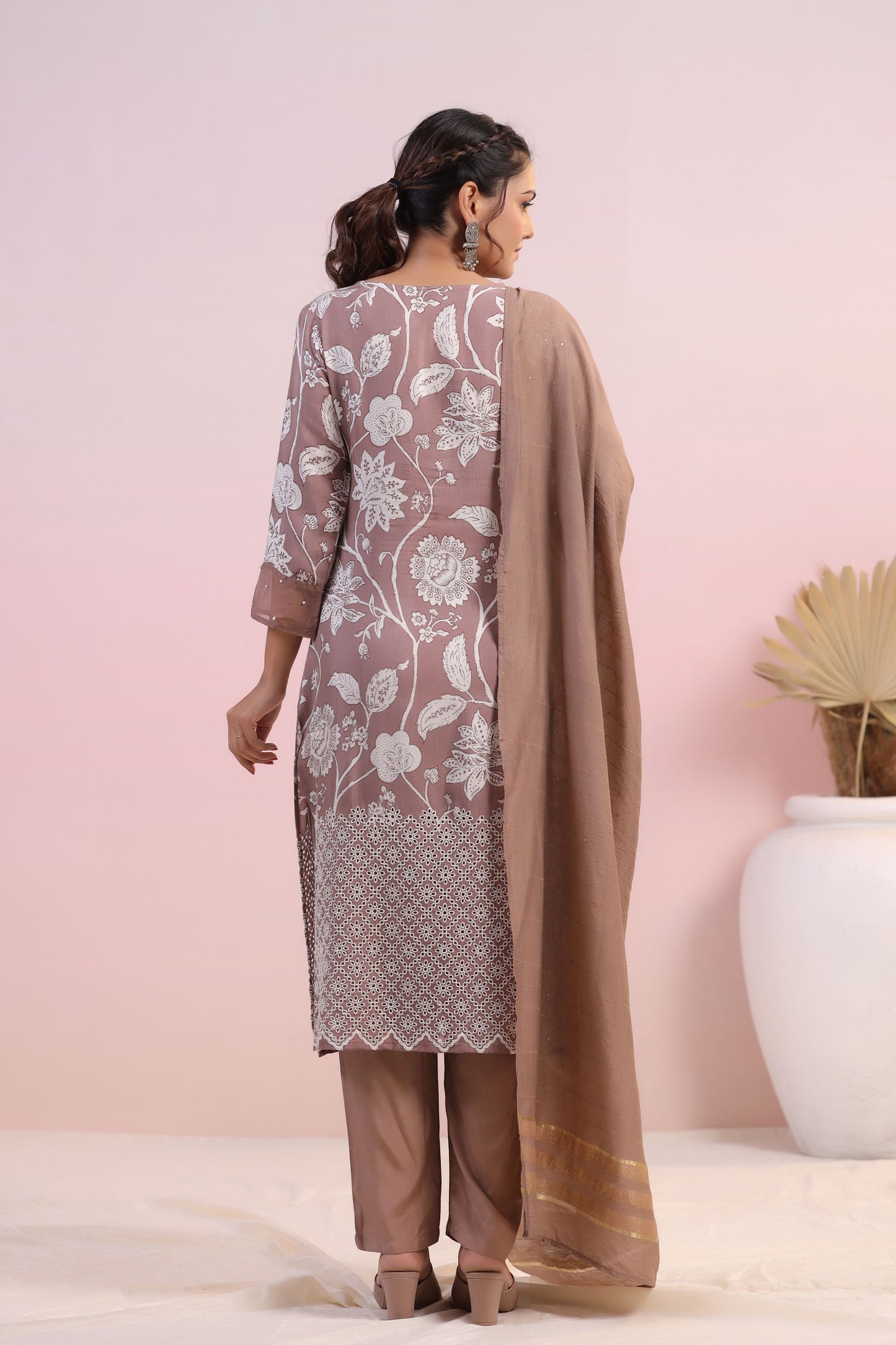 Light Brown Color Printed Stitched Suit Set