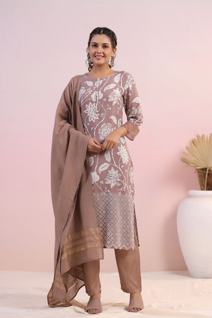 Light Brown Color Printed Stitched Suit Set