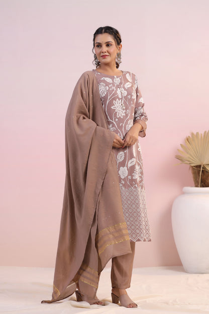 Light Brown Color Printed Stitched Suit Set