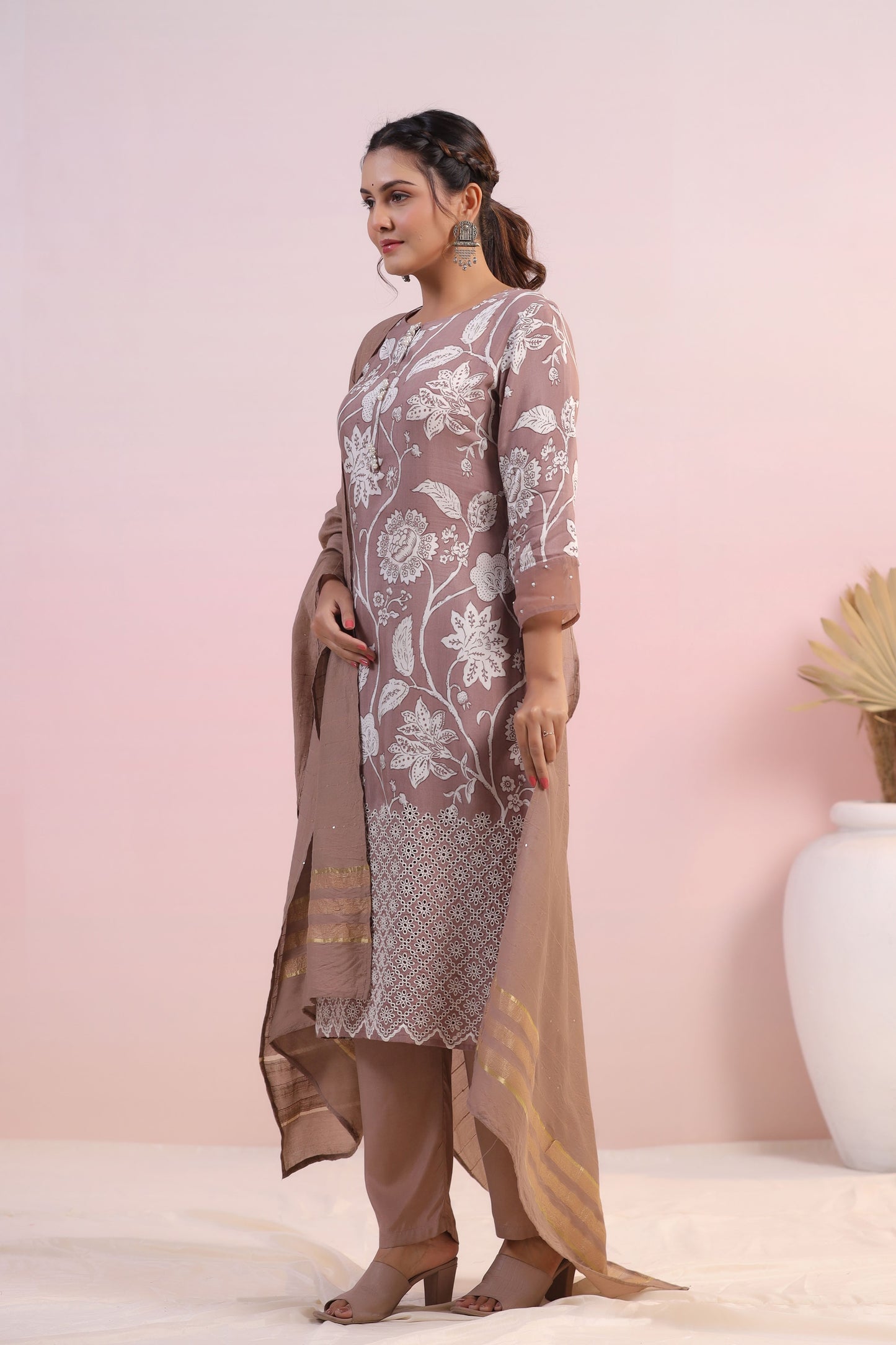 Light Brown Color Printed Stitched Suit Set