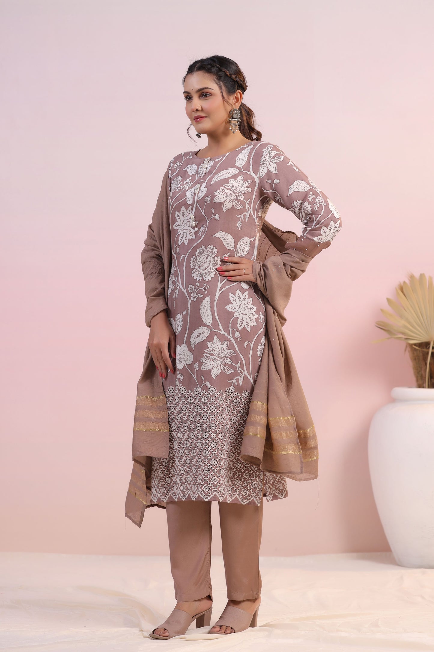 Light Brown Color Printed Stitched Suit Set