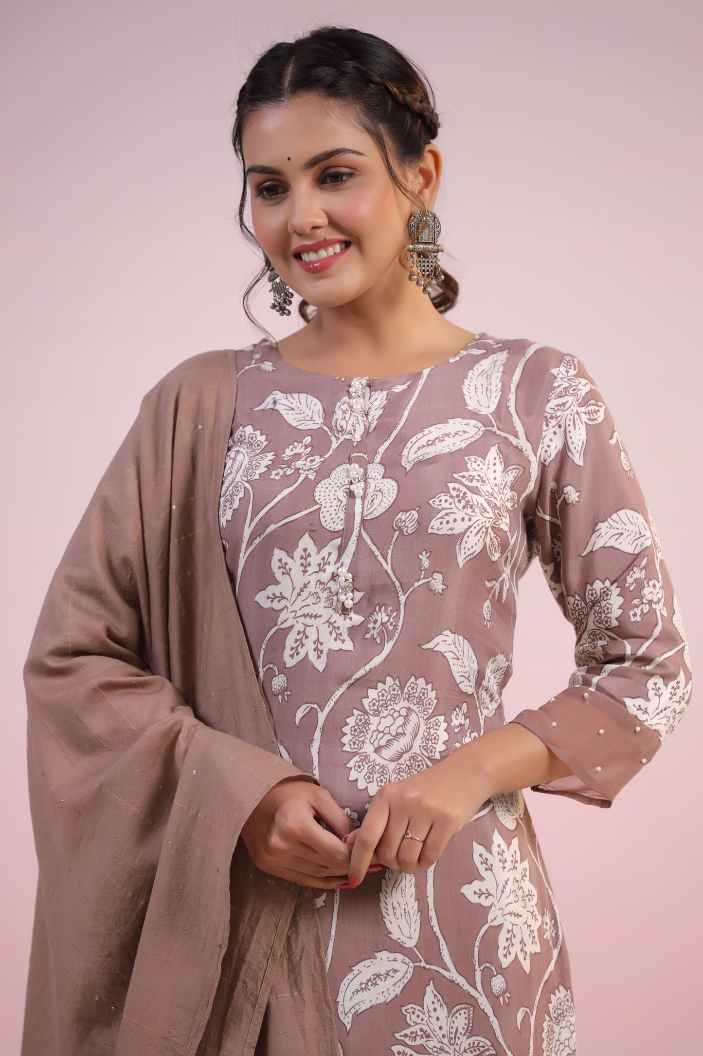 Light Brown Color Printed Stitched Suit Set