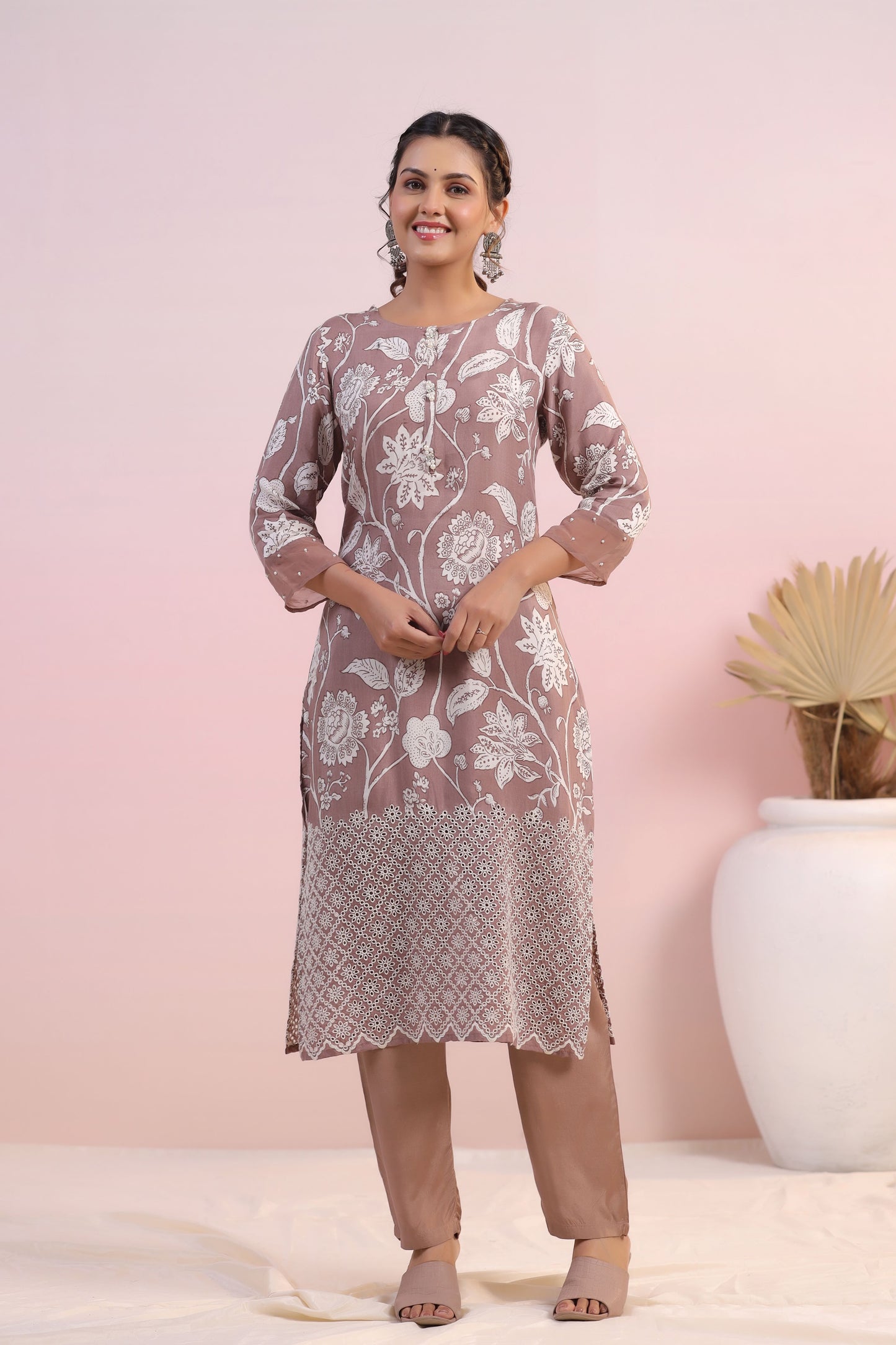 Light Brown Color Printed Stitched Suit Set