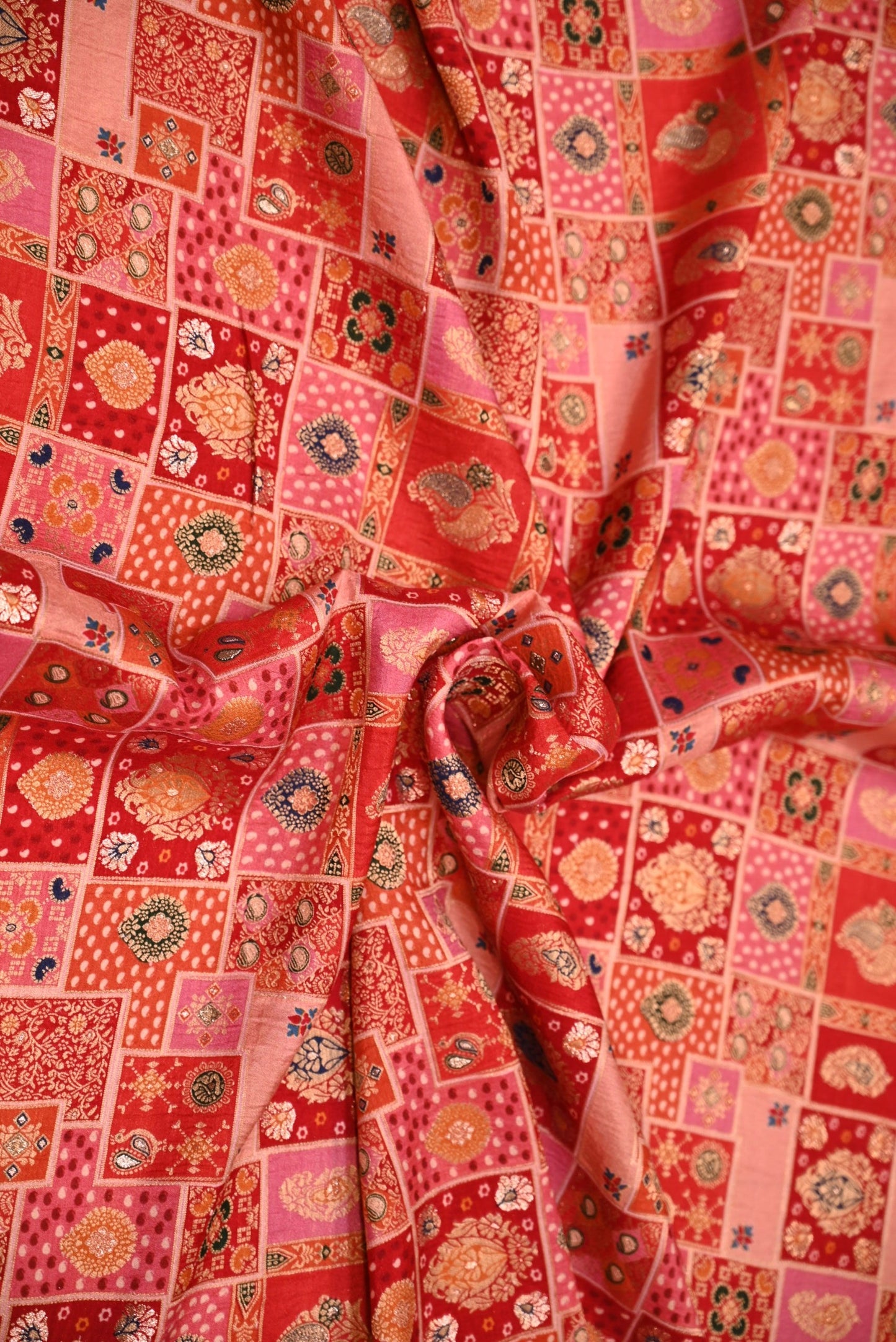 Traditional Geometrical Zari Woven Pink Silk Fabric