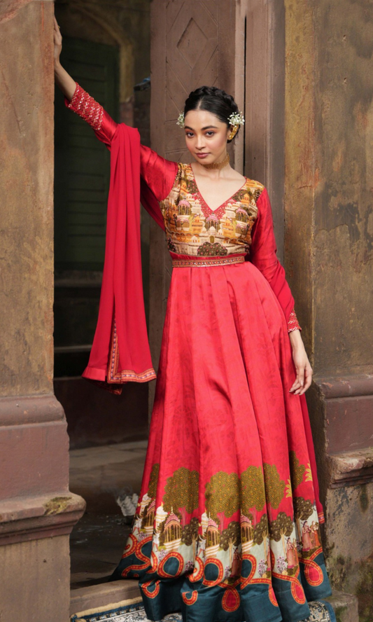 Red Colored Printed Anarkali Suit Set