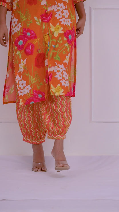 Orange Color Printed Designer Kurti Set